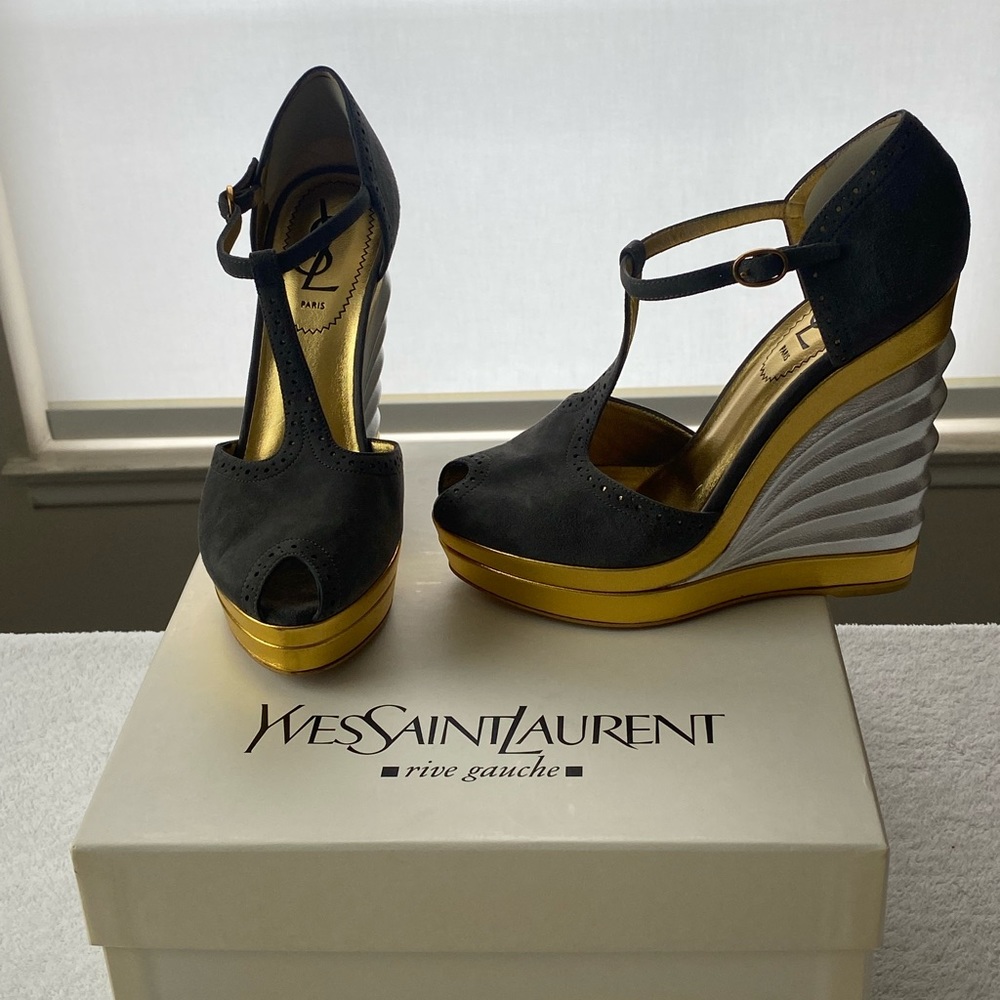 YSL Robyn T Strap Wedge High Heel Shoes Size 6